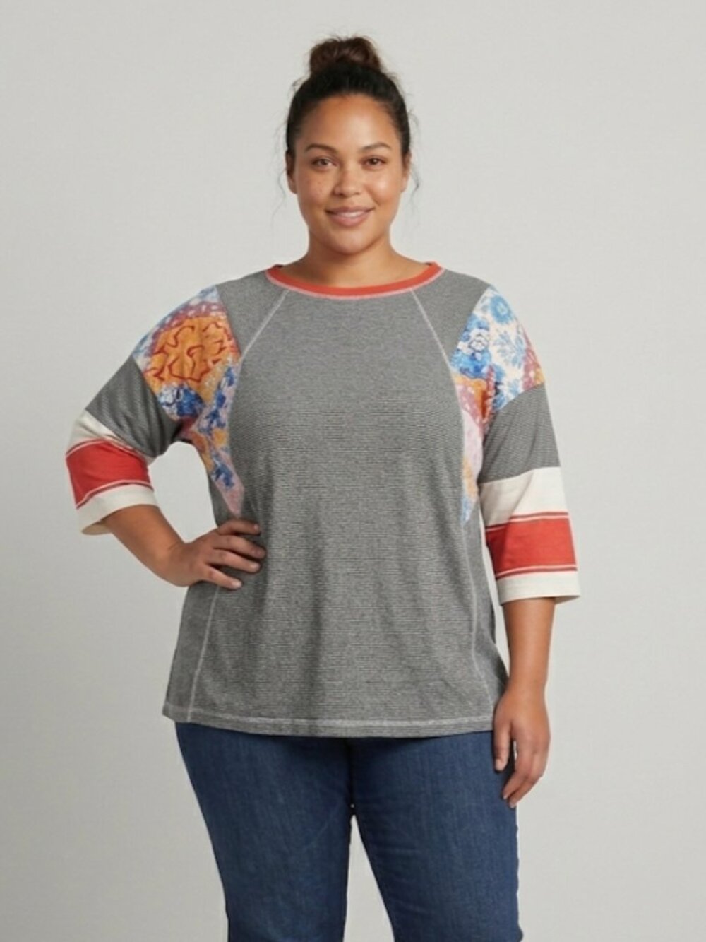 Women's Boho Dolman Sleeve Striped Floral T-Shirt XL Colorblock